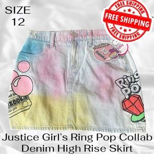 Justice Girls Ring Pop Collab Denim Skirt Size 12 High Rise Skirt FAST SHIPPING